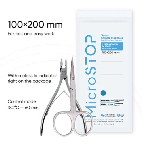 Pungi sterilizare pupinel din hârtie albă MicroStop cu martori 100x200mm set 100 buc.