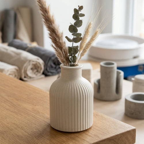 Vază Decorativă Striată din Ciment Mineral / Ipsos – Stil Minimalist & Modern