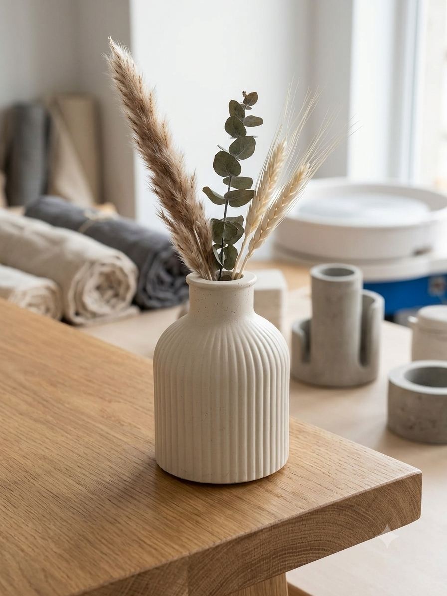 Vază Decorativă Striată din Ciment Mineral / Ipsos – Stil Minimalist & Modern - imagine 2